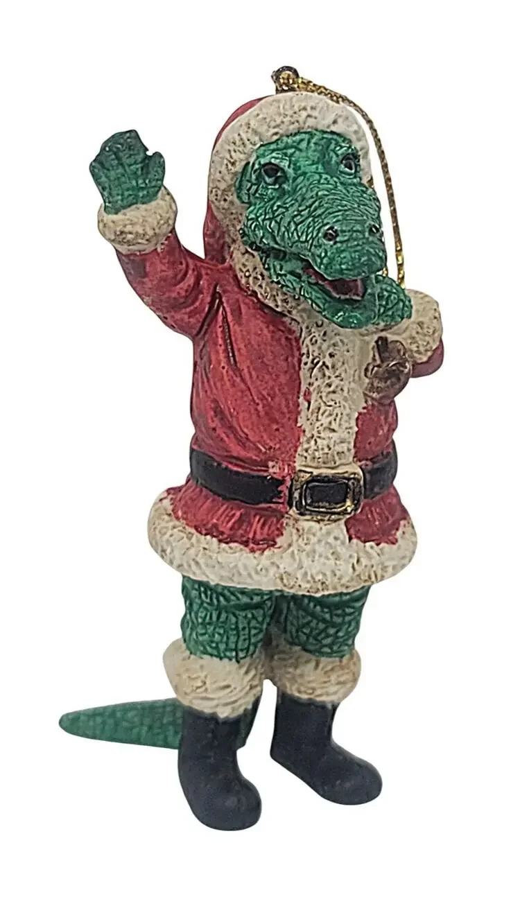 Vtg Alligator Crocodile Waving Resin Santa Claus Cajun Christmas Tree Ornament